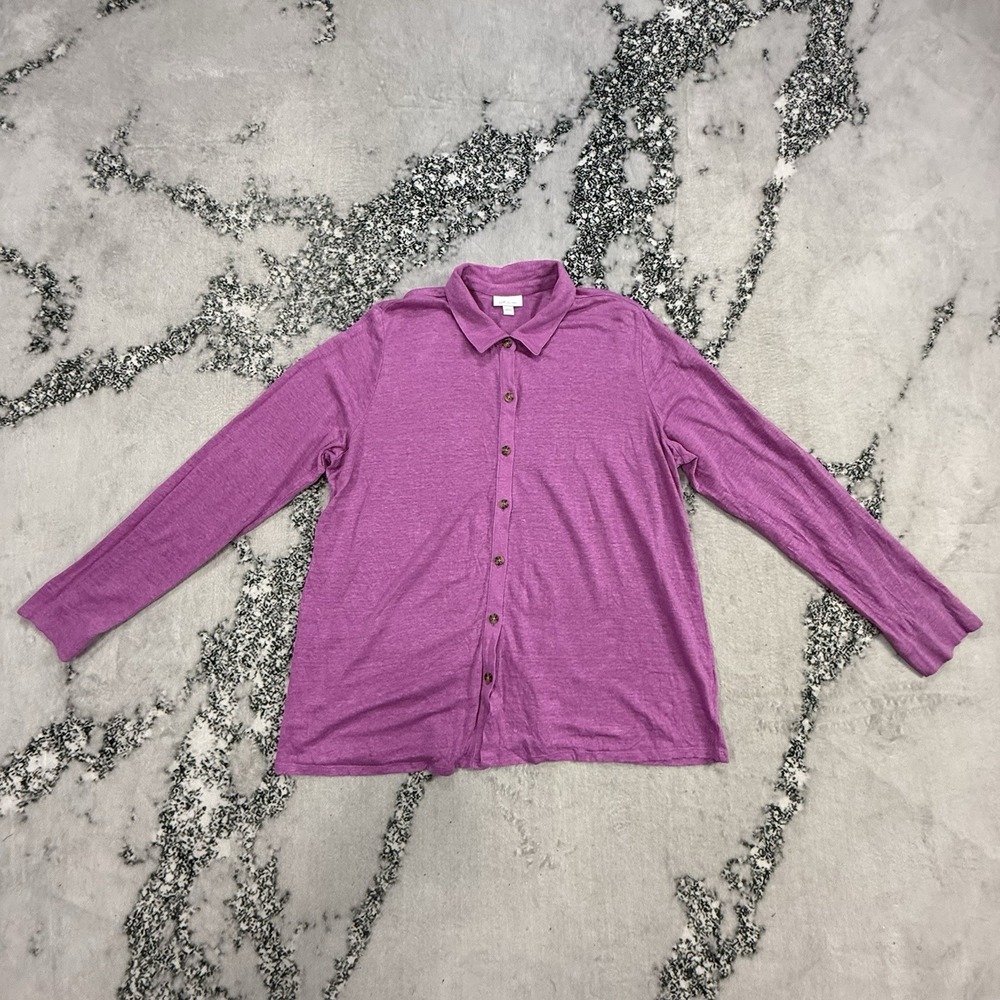 J Jill Love Linen Purple Button Front Shirt Womens L Long Sleeve Casual Relaxed